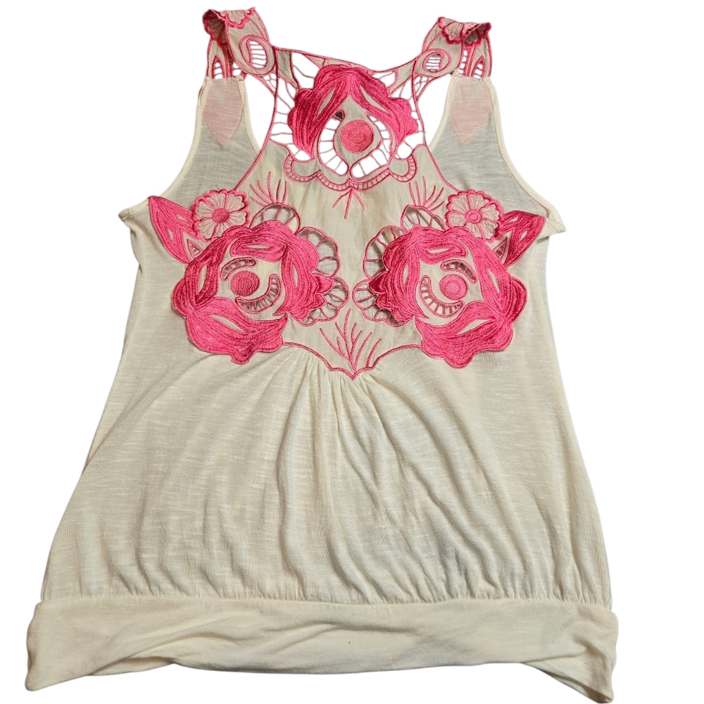 Stylish Cream Tank with Pink Embroidery